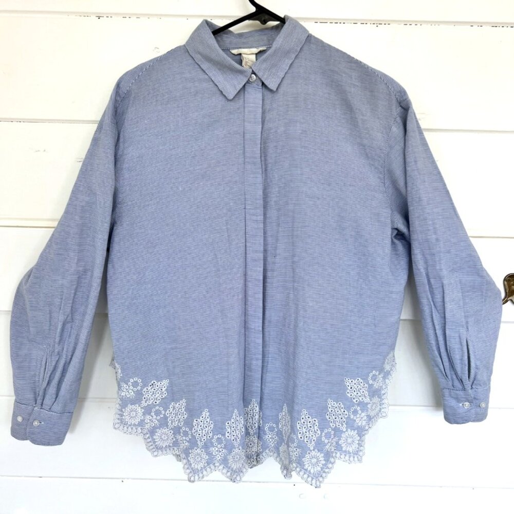 H&M Light Blue Pin stripe Button Down Shirt with Embroidered detail - Size 4